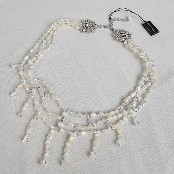 FAC Silver Pacifico AB Crystal Fresh Water Pearl Beaded Chandelier Necklace Set - Picture 3 of 15